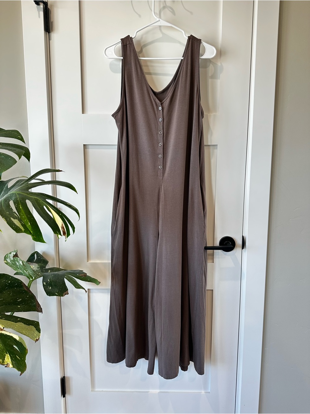 AnyBody Sleeveless Button-Front Jumpsuit in Taupe